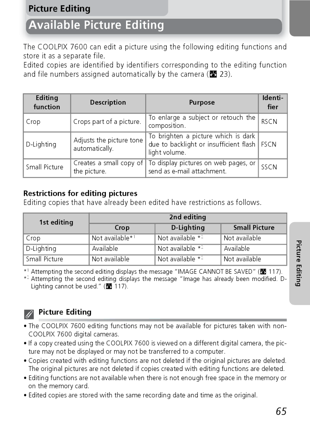 Nikon 7600 manual Available Picture Editing, Restrictions for editing pictures 