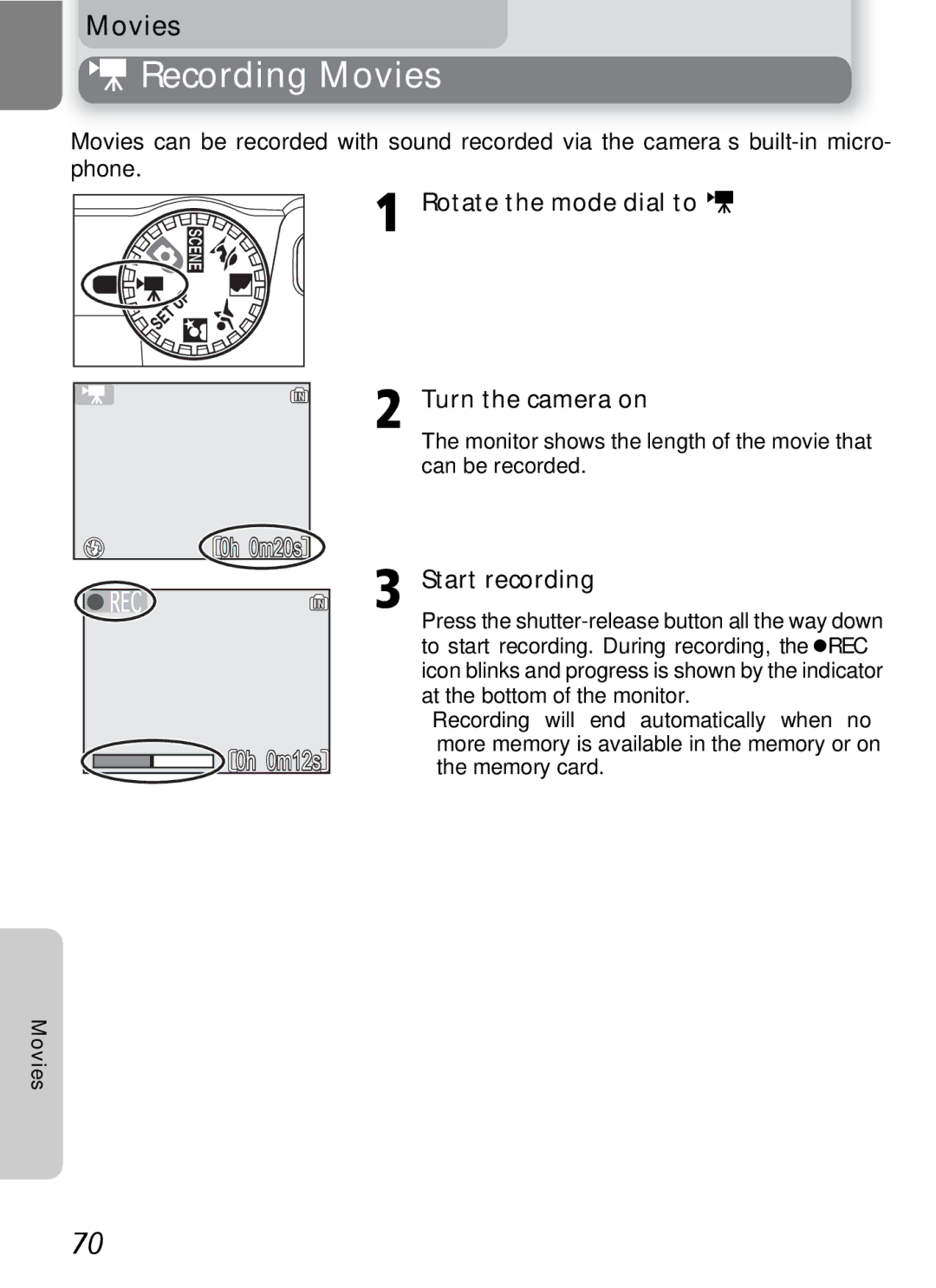 Nikon 7600 manual Recording Movies, Rotate the mode dial to W Turn the camera on, Start recording 