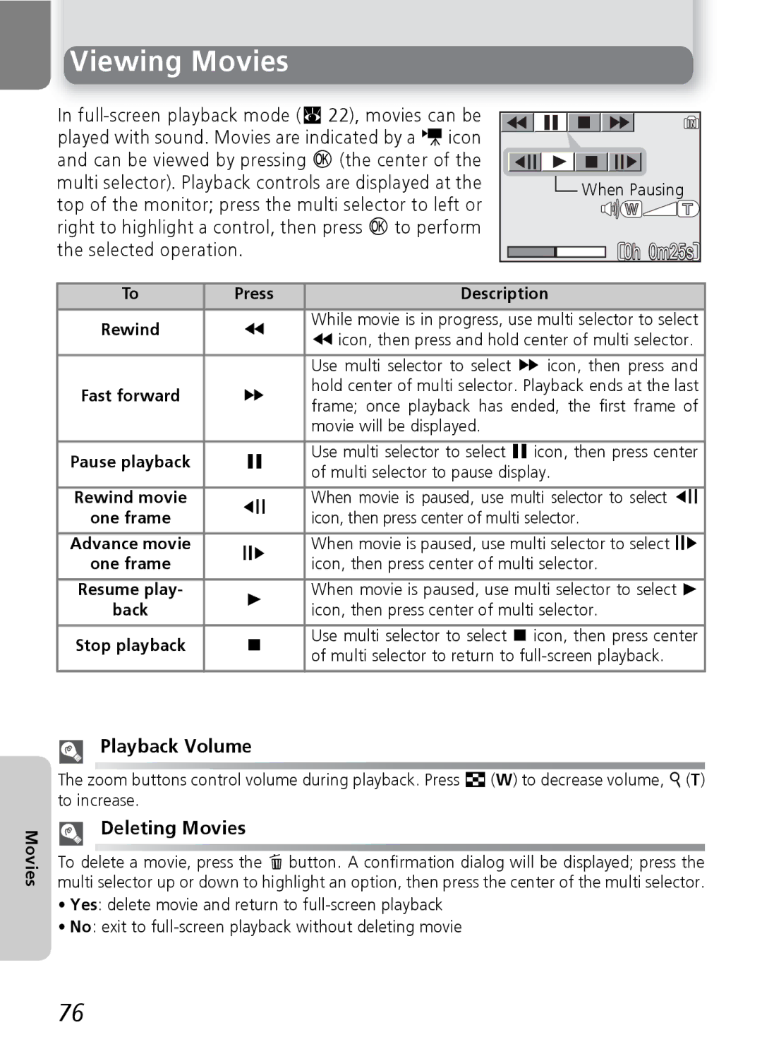 Nikon 7600 manual Viewing Movies, Deleting Movies 