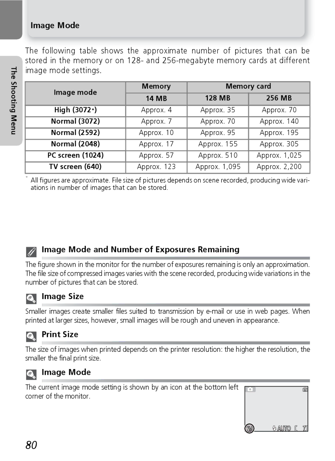 Nikon 7600 manual Image Mode and Number of Exposures Remaining, Image Size, Print Size, Shooting Menu 