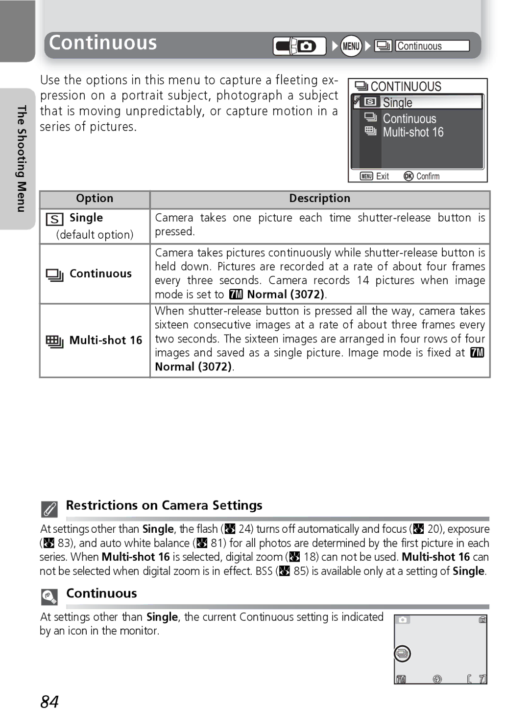 Nikon 7600 manual Continuous Multi-shot, Restrictions on Camera Settings 