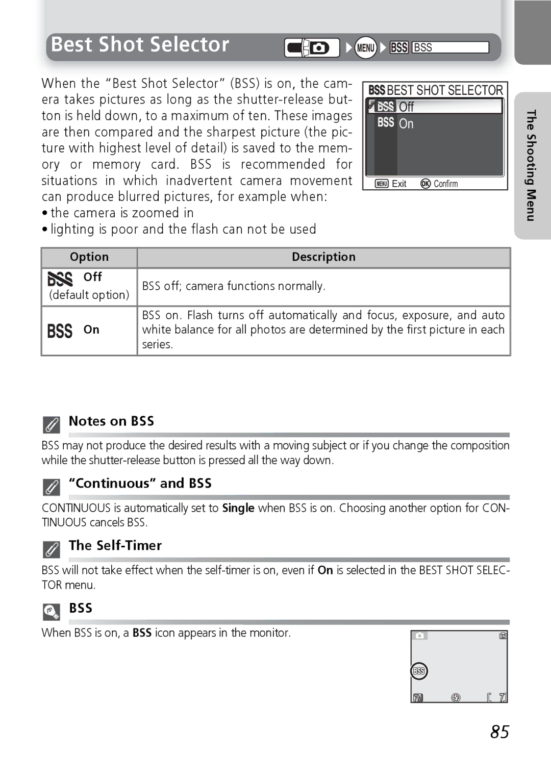 Nikon 7600 manual Best Shot Selector, Continuous and BSS, Series, When BSS is on, a BSS icon appears in the monitor 