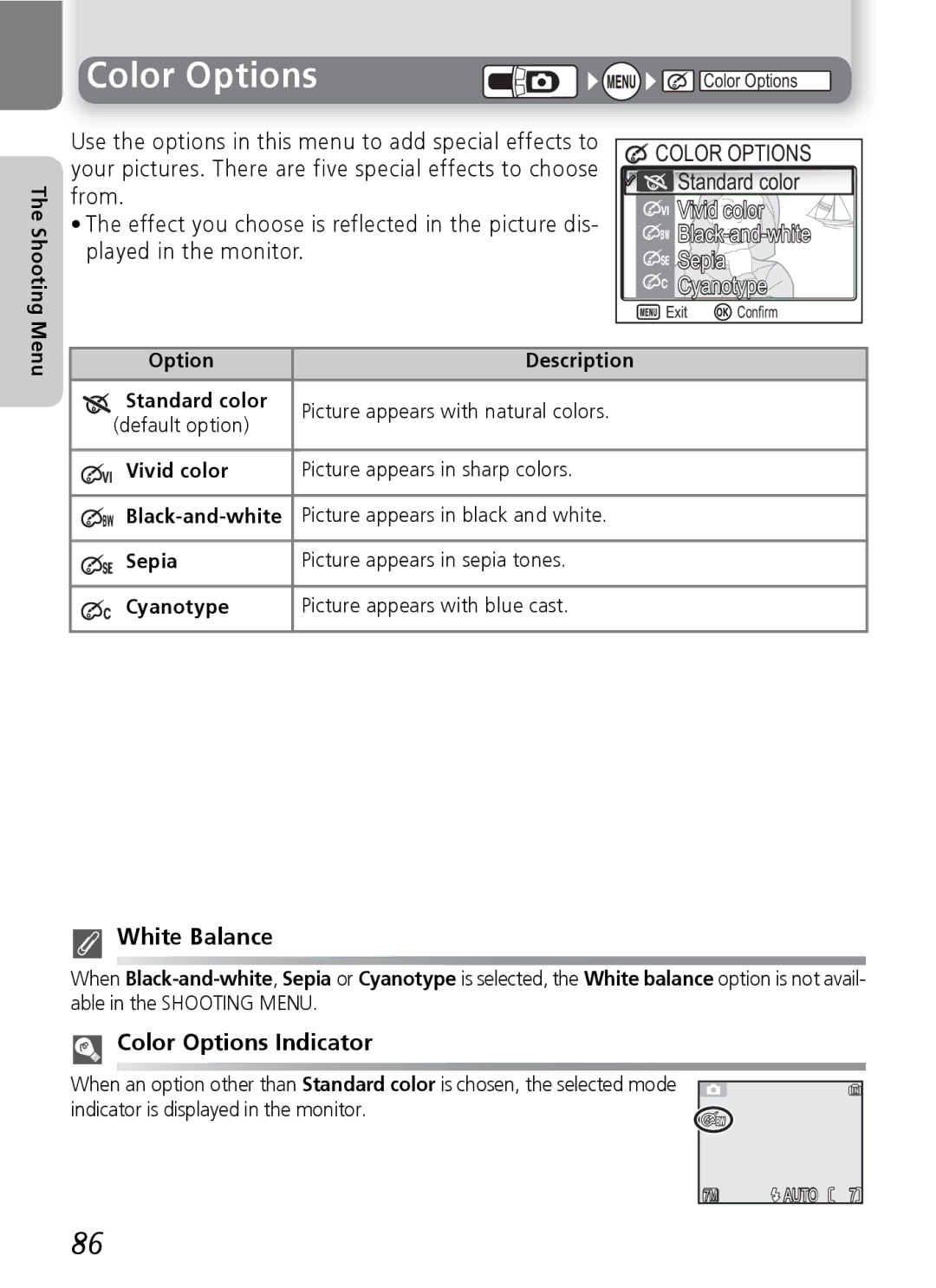 Nikon 7600 manual Sepia Cyanotype, Color Options Indicator, Vivid color Picture appears in sharp colors 