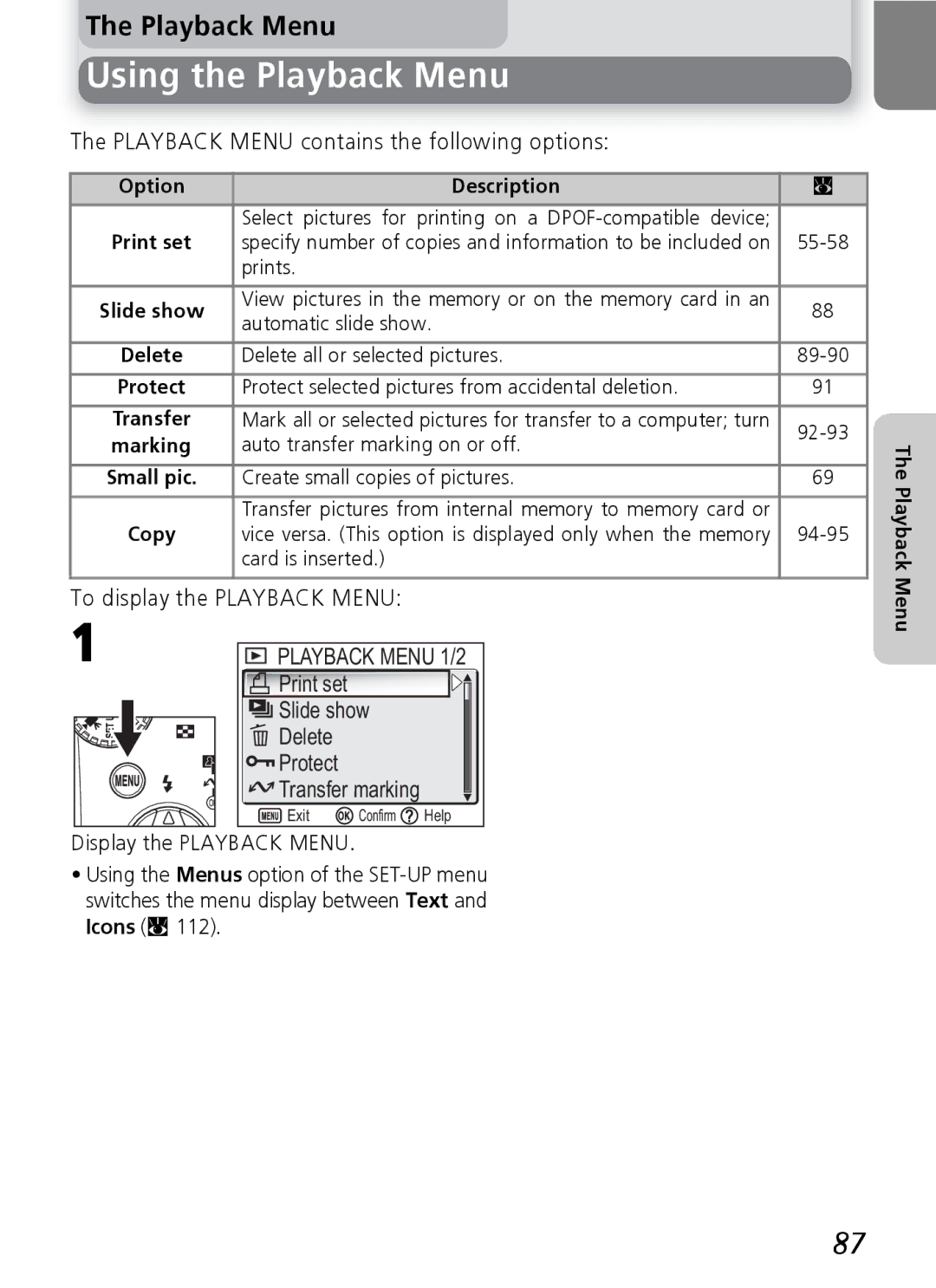 Nikon 7600 manual Using the Playback Menu, Playback Menu contains the following options, To display the Playback Menu 