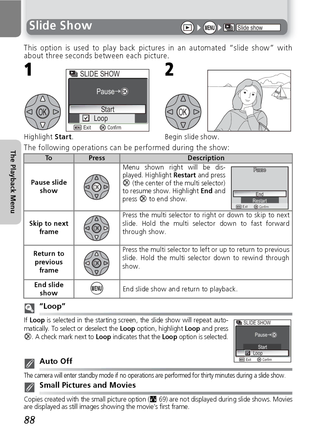 Nikon 7600 manual Slide Show, Loop, Auto Off, Small Pictures and Movies 