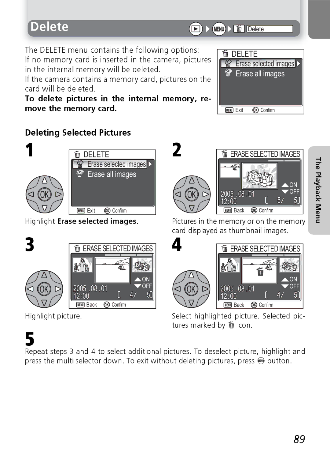 Nikon 7600 manual Delete, Deleting Selected Pictures, Highlight Erase selected images 