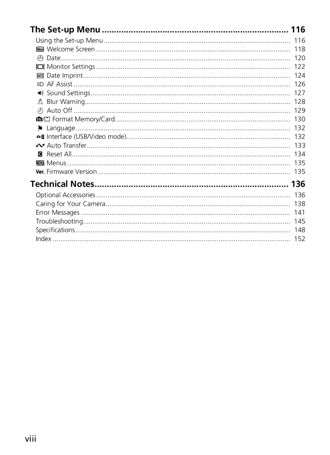 Nikon COOLPIX5900, 7900 manual Set-up Menu 116, Technical Notes 136, Viii 