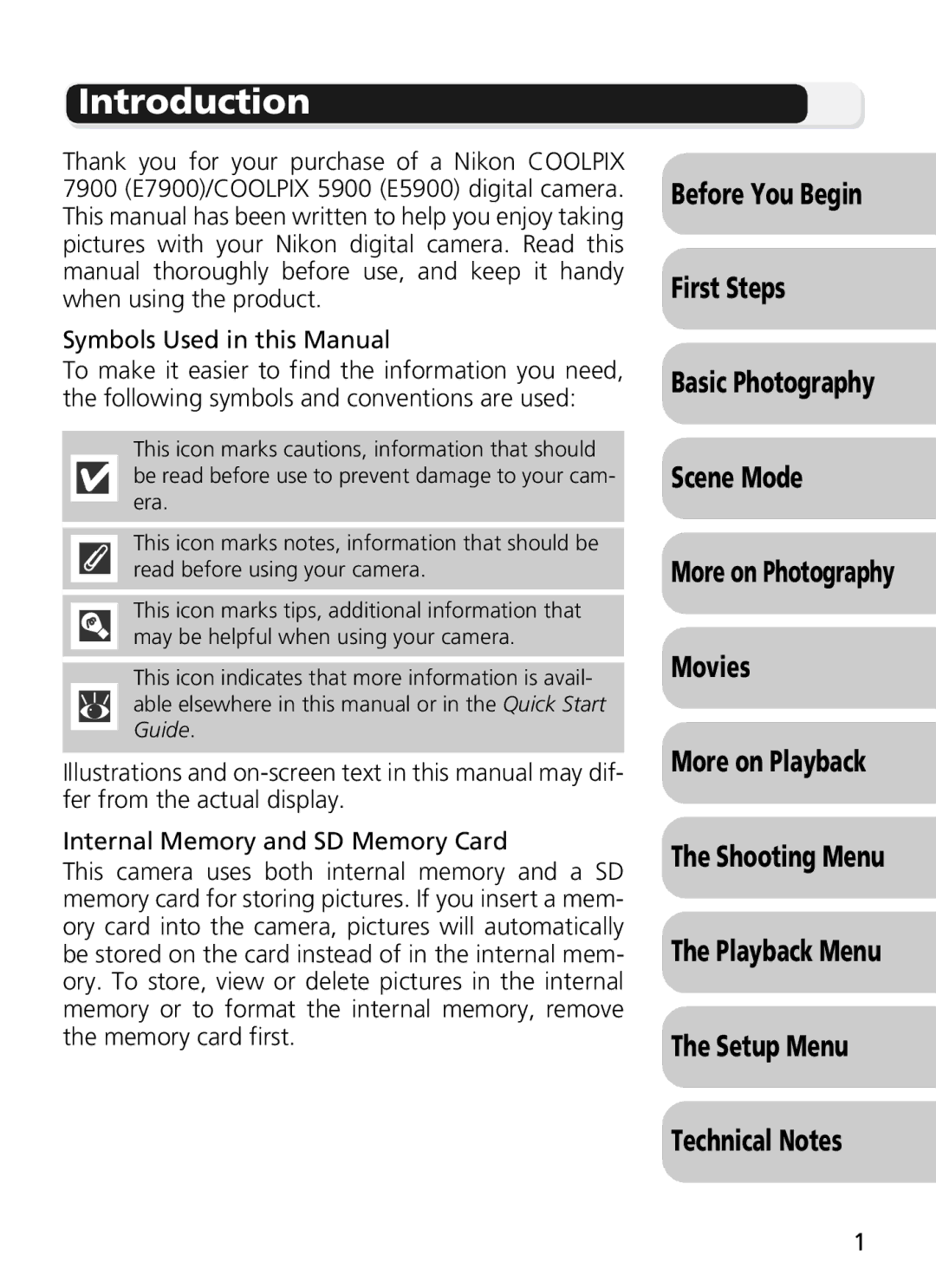 Nikon 5900 Introduction, Before You Begin First Steps, Scene Mode, Movies More on Playback, Setup Menu Technical Notes 