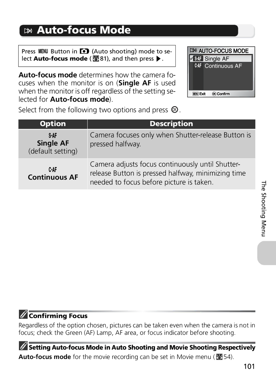 Nikon 7900, COOLPIX5900 manual Auto-focus Mode, Pressed halfway, Camera adjusts focus continuously until Shutter, 101 