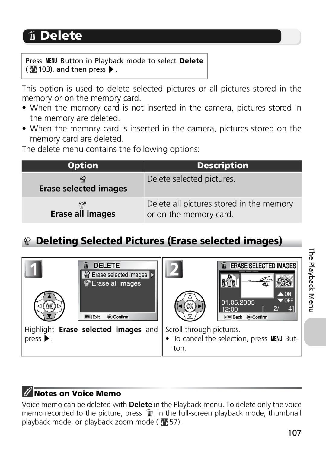 Nikon 7900, COOLPIX5900 manual Delete, Deleting Selected Pictures Erase selected images, Erase all images 