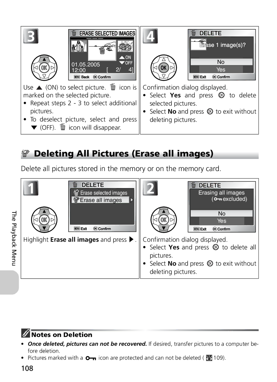 Nikon COOLPIX5900, 7900 Deleting All Pictures Erase all images, 108, Confirmation dialog displayed Select Yes and press 