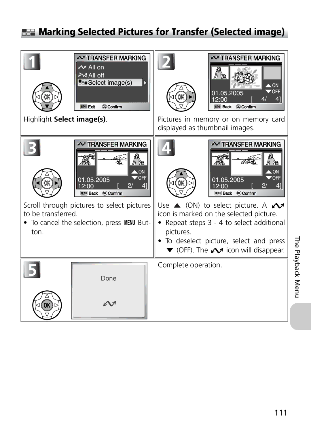 Nikon COOLPIX5900, 7900 manual Marking Selected Pictures for Transfer Selected image, 111 