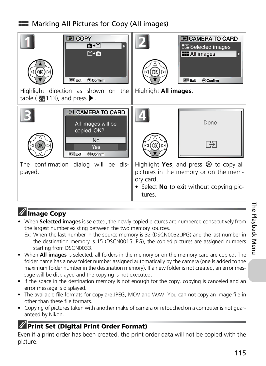 Nikon 5900, 7900 manual Marking All Pictures for Copy All images, 115, Image Copy, Print Set Digital Print Order Format 