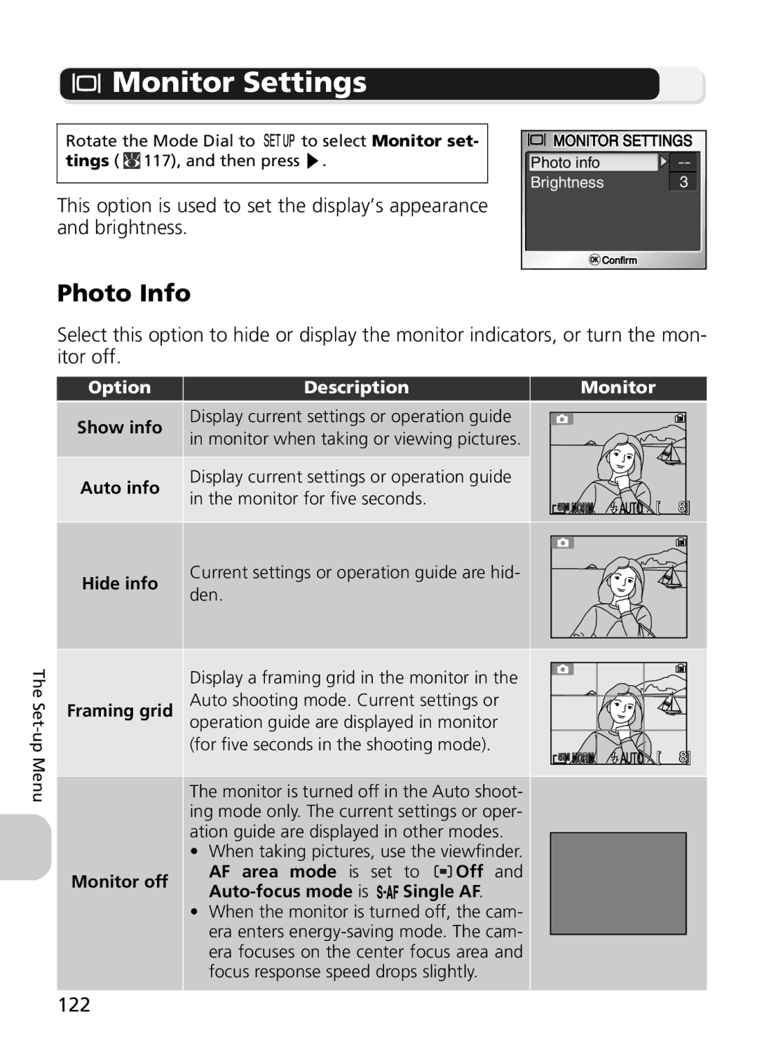 Nikon 7900, COOLPIX5900 manual Monitor Settings, Photo Info, 122, Option Description Monitor 