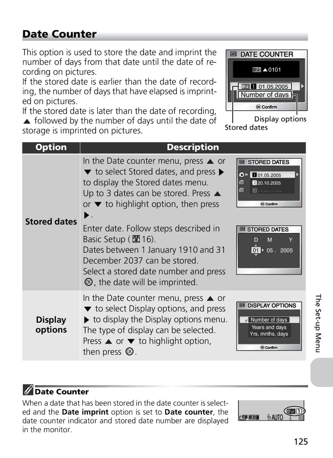 Nikon 7900, COOLPIX5900 manual Date Counter, Stored dates, Display, Options 