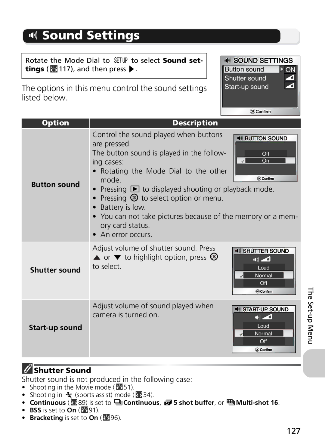 Nikon 7900, COOLPIX5900 manual Sound Settings, 127, Button sound, Shutter Sound 