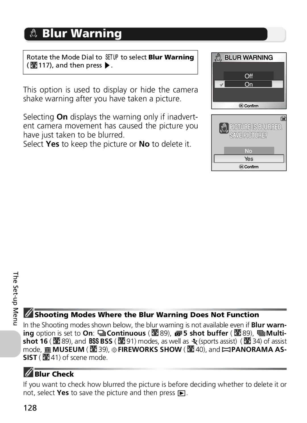 Nikon 7900, COOLPIX5900 manual 128, Shooting Modes Where the Blur Warning Does Not Function, Blur Check 