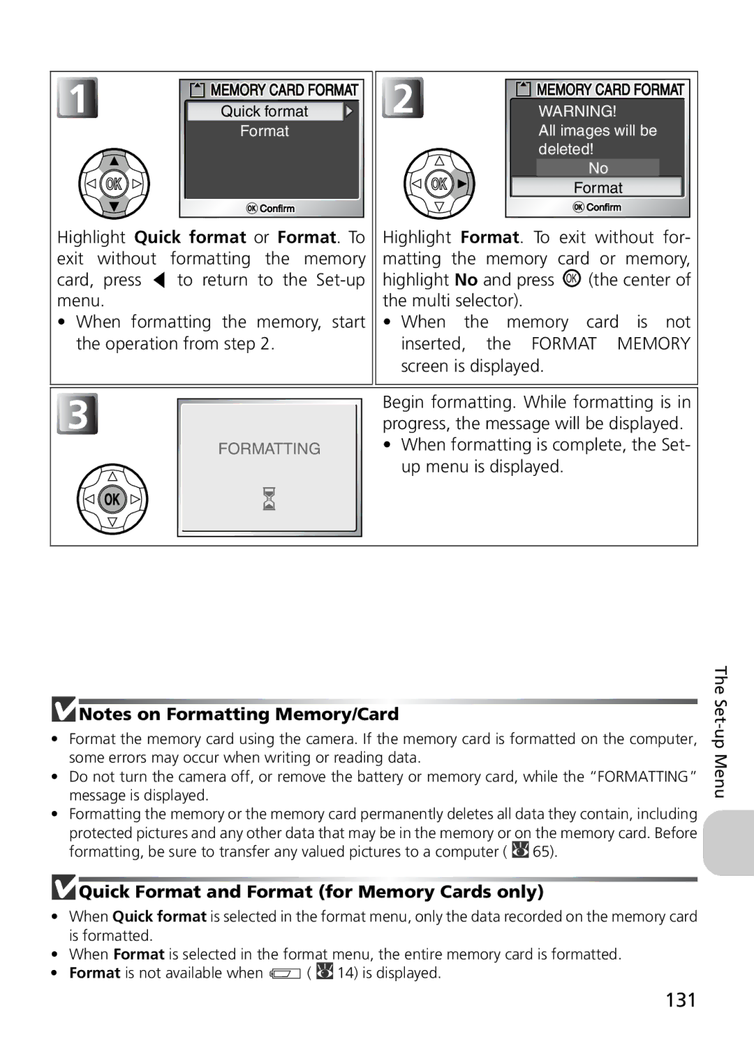 Nikon 7900, COOLPIX5900 manual 131, Highlight Quick format or Format. To, Quick Format and Format for Memory Cards only 