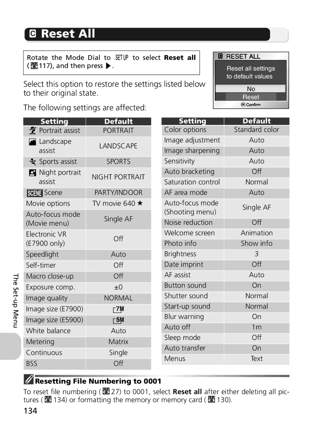 Nikon 7900, COOLPIX5900 manual Reset All, To their original state, Following settings are affected, 134, Setting Default 