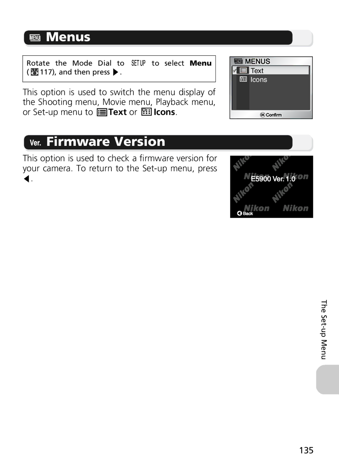 Nikon COOLPIX5900, 7900 manual Menus, Firmware Version, 135 