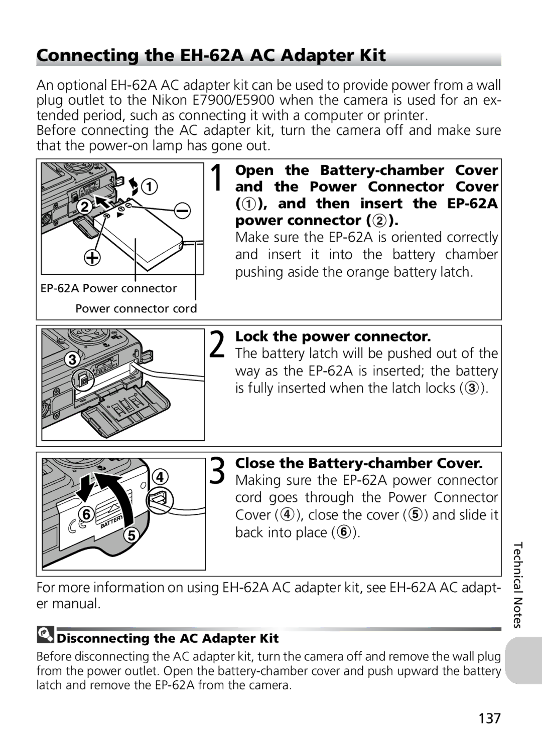 Nikon 7900, 5900 manual Connecting the EH-62A AC Adapter Kit, Lock the power connector, 137, Close the Battery-chamber Cover 