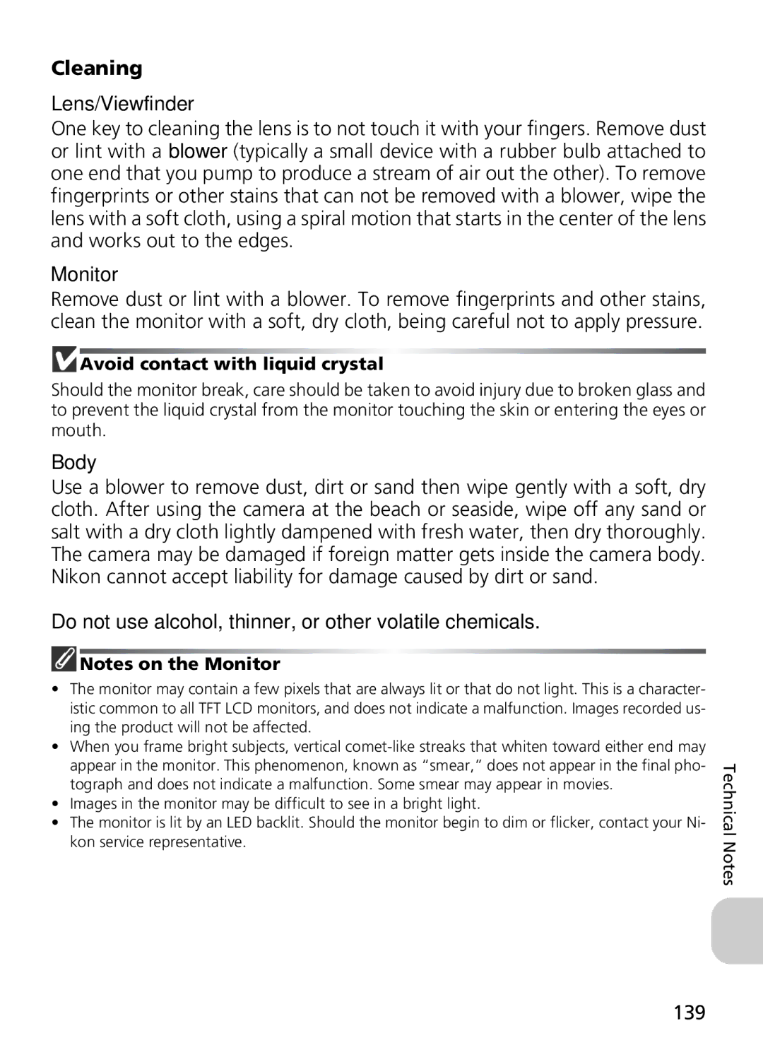 Nikon 7900, COOLPIX5900 manual Cleaning, 139, Avoid contact with liquid crystal 