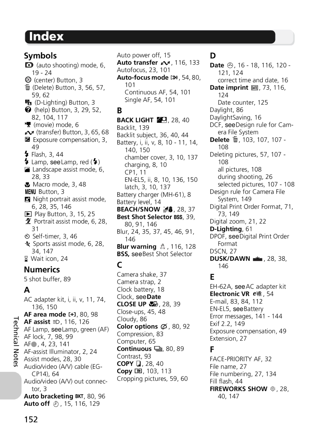 Nikon 7900, COOLPIX5900 manual Index, Symbols, Numerics, 152 