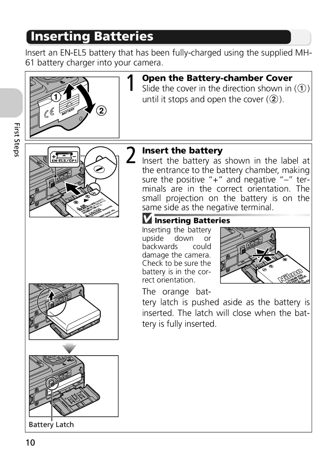 Nikon 7900, COOLPIX5900 manual Inserting Batteries 