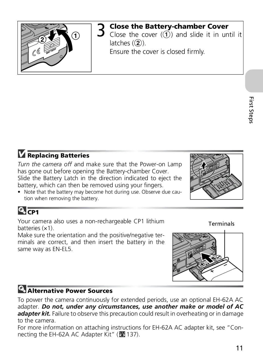 Nikon 7900, COOLPIX5900 manual Ensure the cover is closed firmly, Replacing Batteries, CP1, Alternative Power Sources 