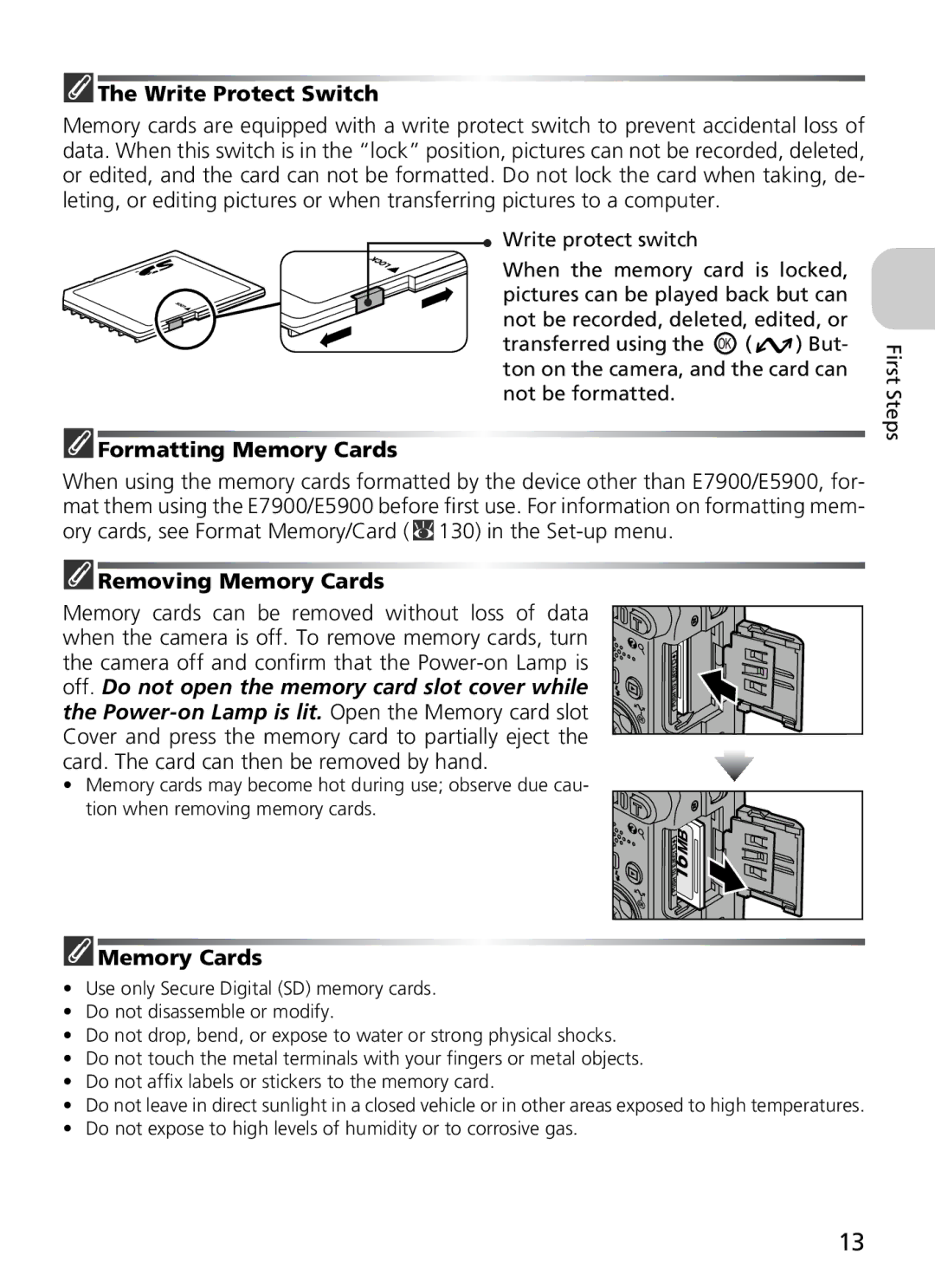 Nikon 7900, COOLPIX5900 manual Write Protect Switch, Formatting Memory Cards, Removing Memory Cards 