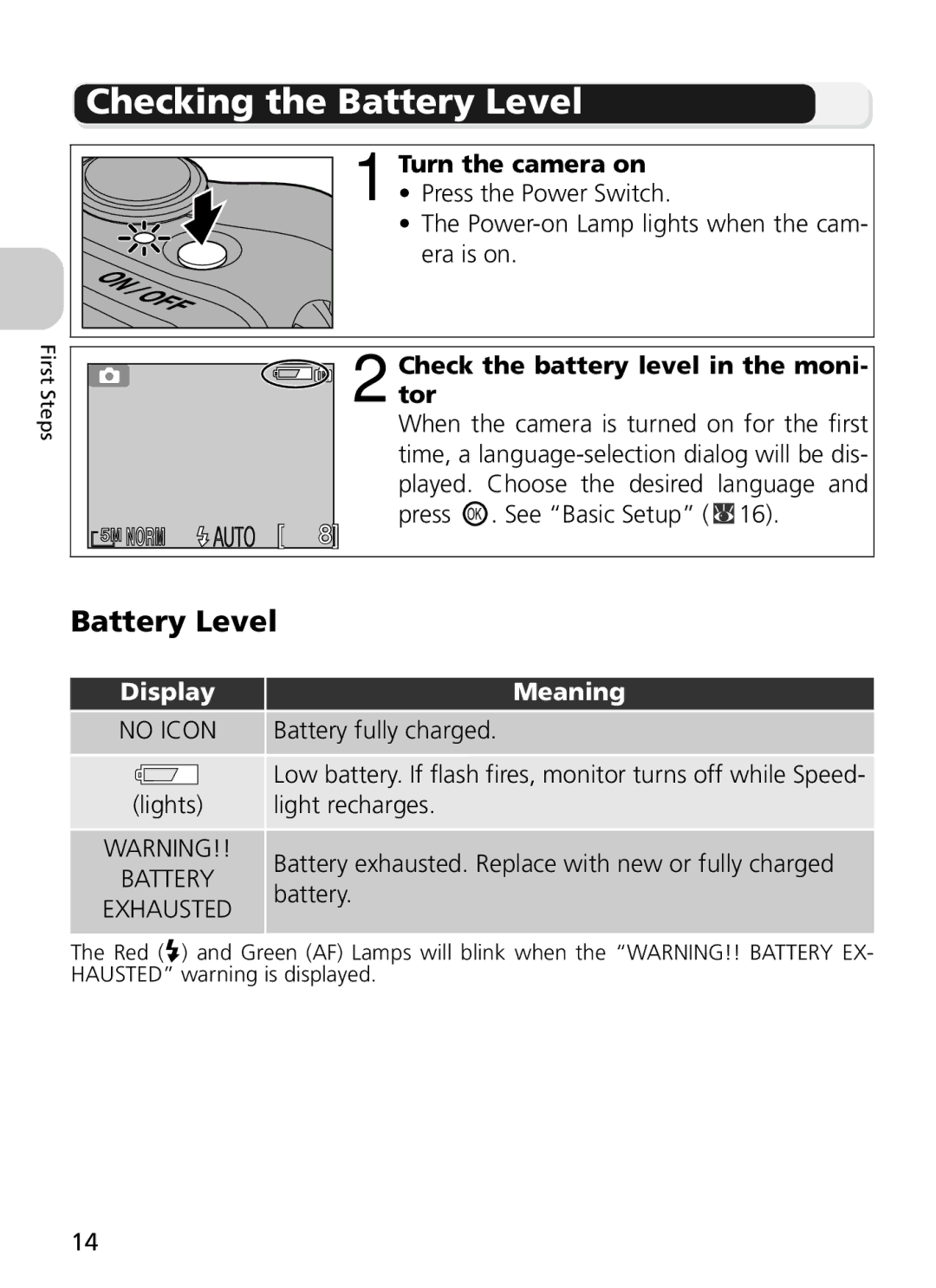 Nikon 7900, COOLPIX5900 manual Checking the Battery Level, Turn the camera on, Check the battery level in the moni- tor 