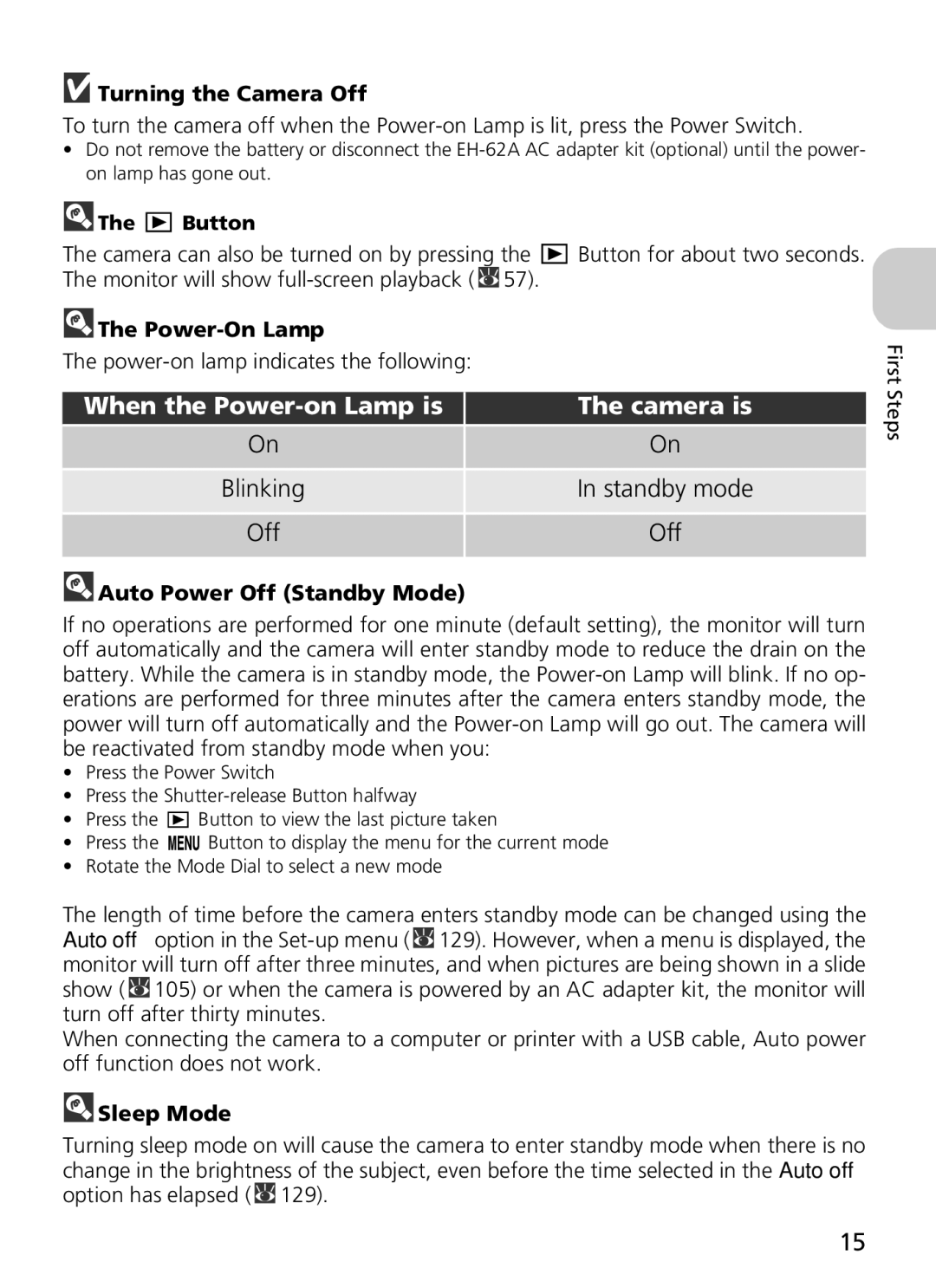 Nikon COOLPIX5900, 7900 manual Turning the Camera Off, Power-On Lamp, Auto Power Off Standby Mode, Sleep Mode 