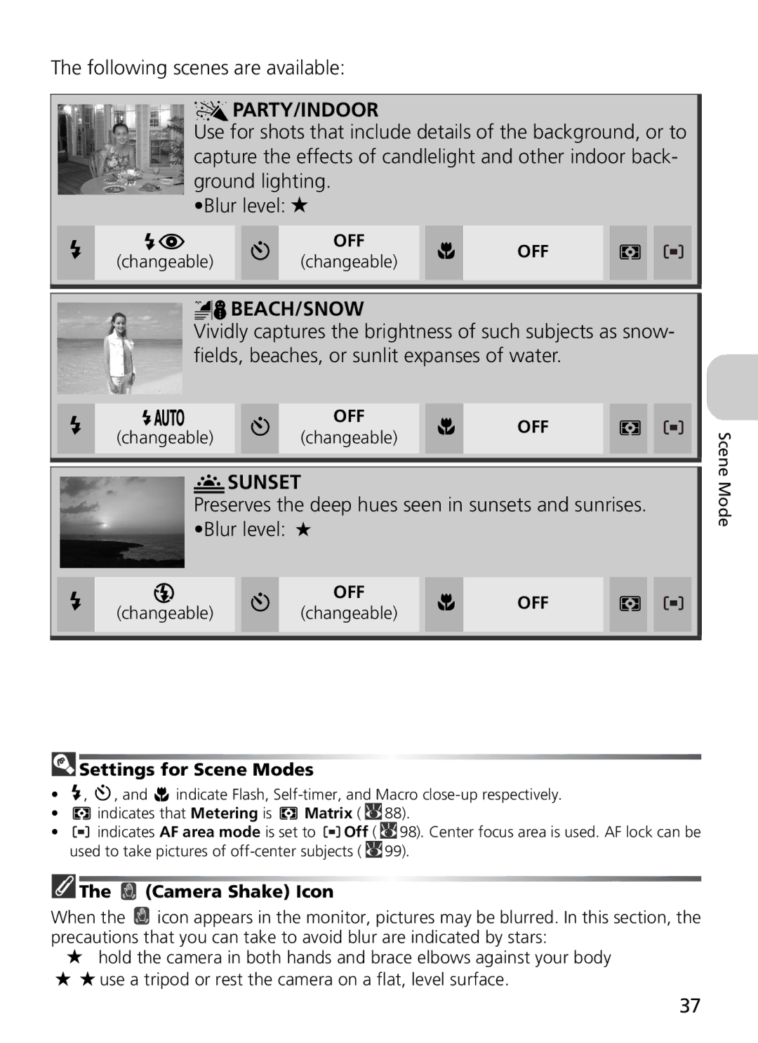 Nikon 7900, COOLPIX5900 manual Following scenes are available, Settings for Scene Modes, Camera Shake Icon 