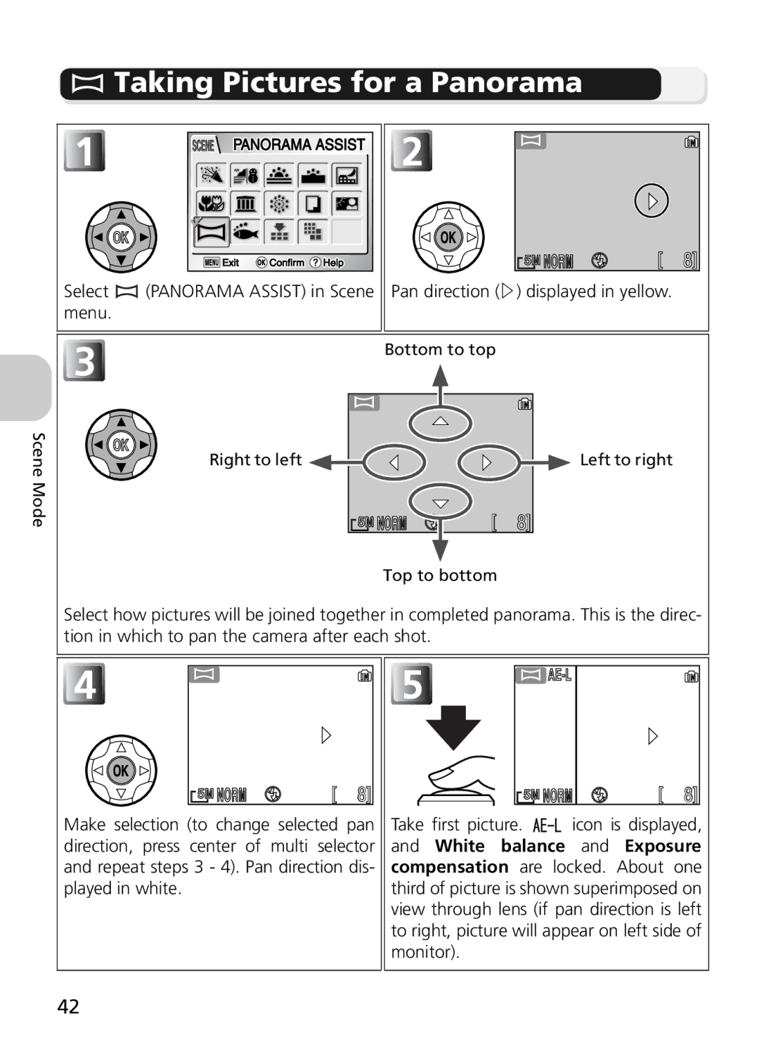 Nikon COOLPIX5900, 7900 manual Taking Pictures for a Panorama, Select, Menu Pan direction displayed in yellow 