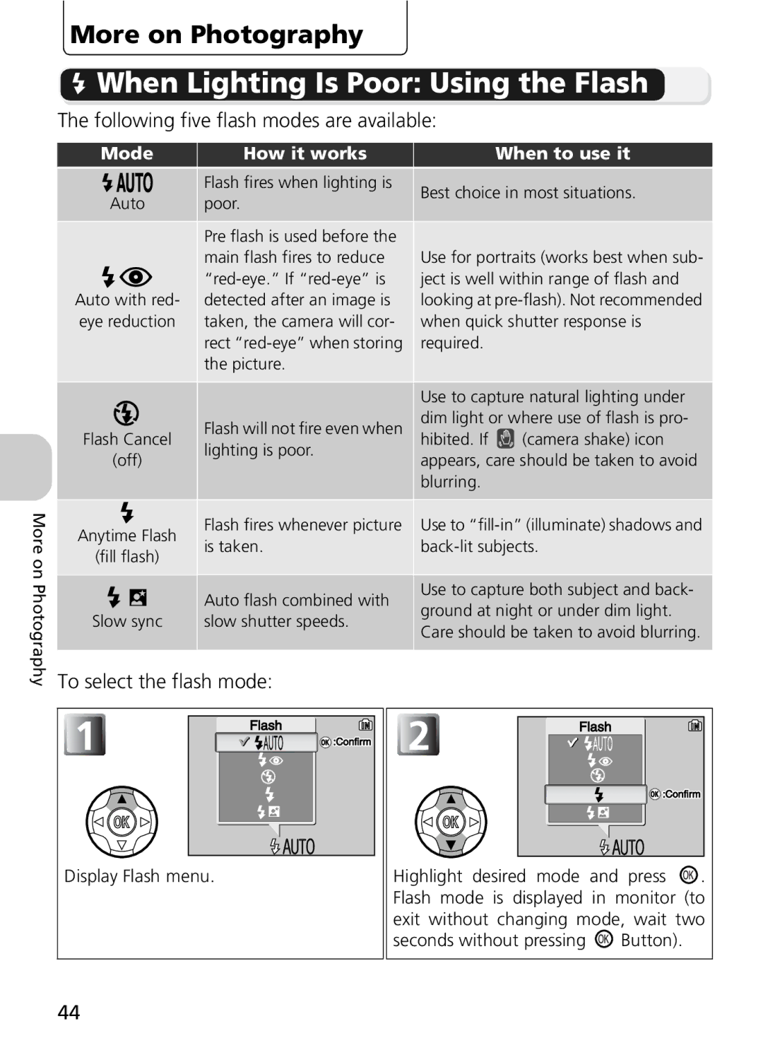Nikon 7900, 5900 manual When Lighting Is Poor Using the Flash, More on Photography, Following five flash modes are available 