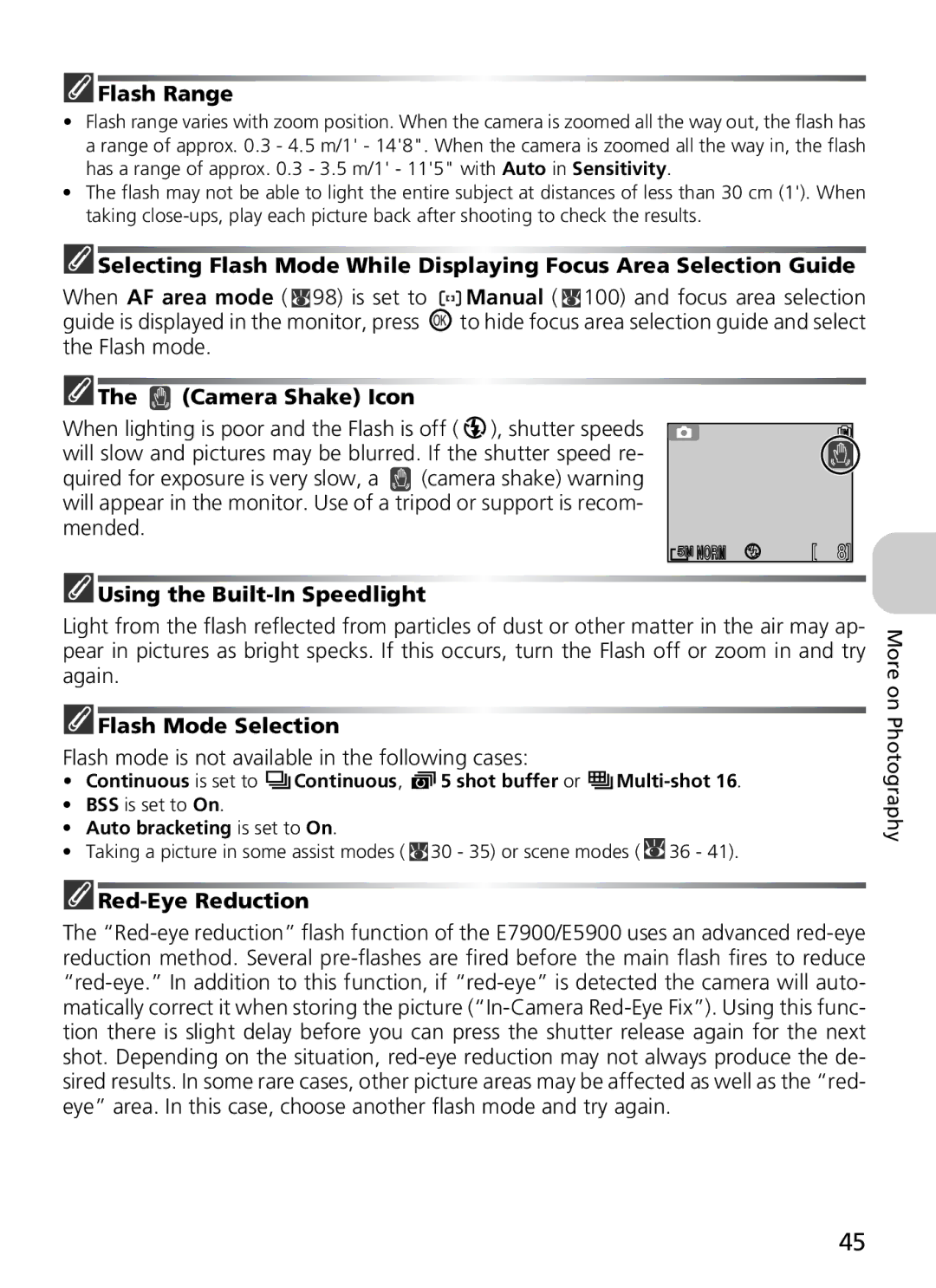 Nikon COOLPIX5900, 7900 manual Flash Range, Using the Built-In Speedlight, Flash Mode Selection, Red-Eye Reduction 