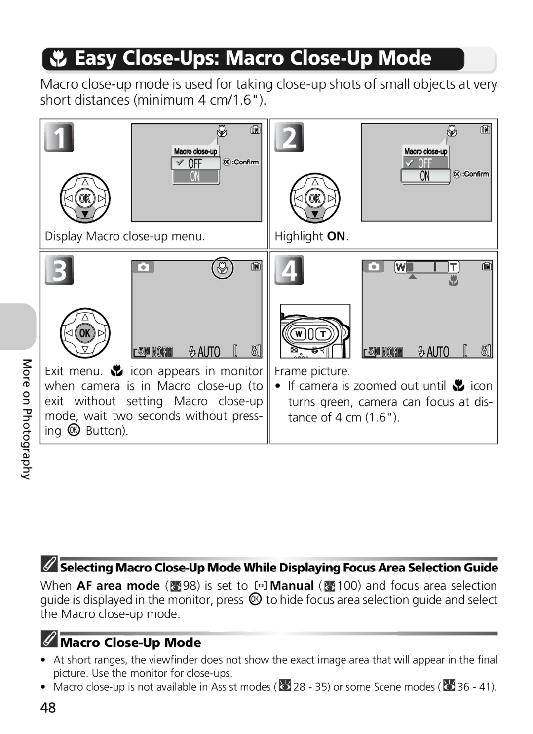 Nikon COOLPIX5900, 7900 manual Easy Close-Ups Macro Close-Up Mode, Display Macro close-up menu, Highlight on 