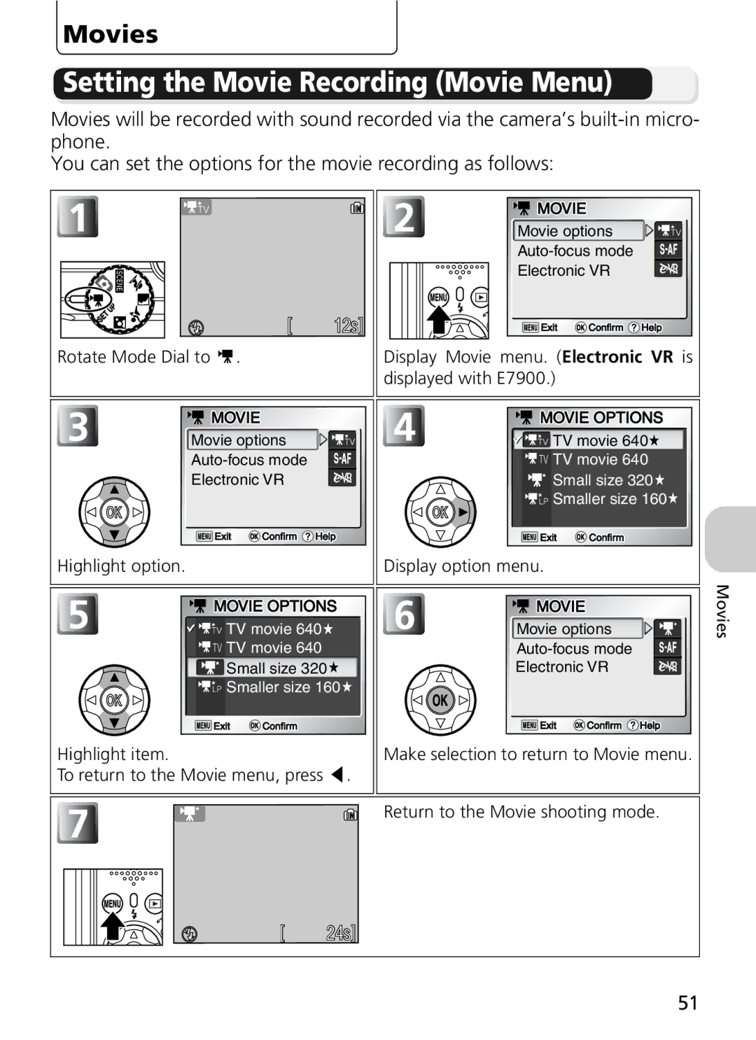 Nikon COOLPIX5900, 7900 manual Setting the Movie Recording Movie Menu, Movies 