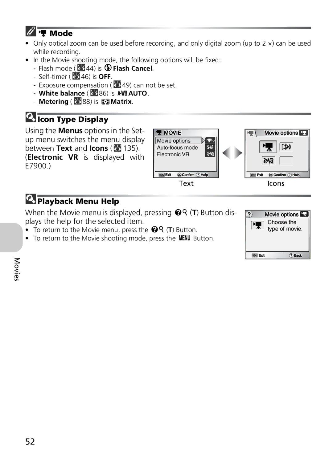 Nikon COOLPIX5900 manual Mode, Icon Type Display, Electronic VR is displayed with E7900, Playback Menu Help 