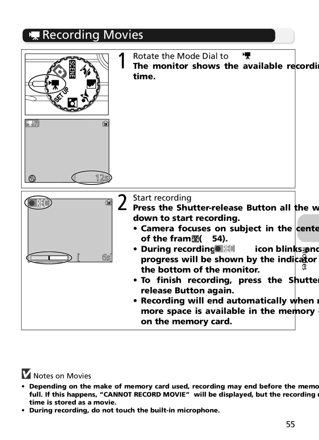 Nikon 7900, COOLPIX5900 manual Recording Movies, Monitor shows the available recording time, Start recording, Icon blinks 