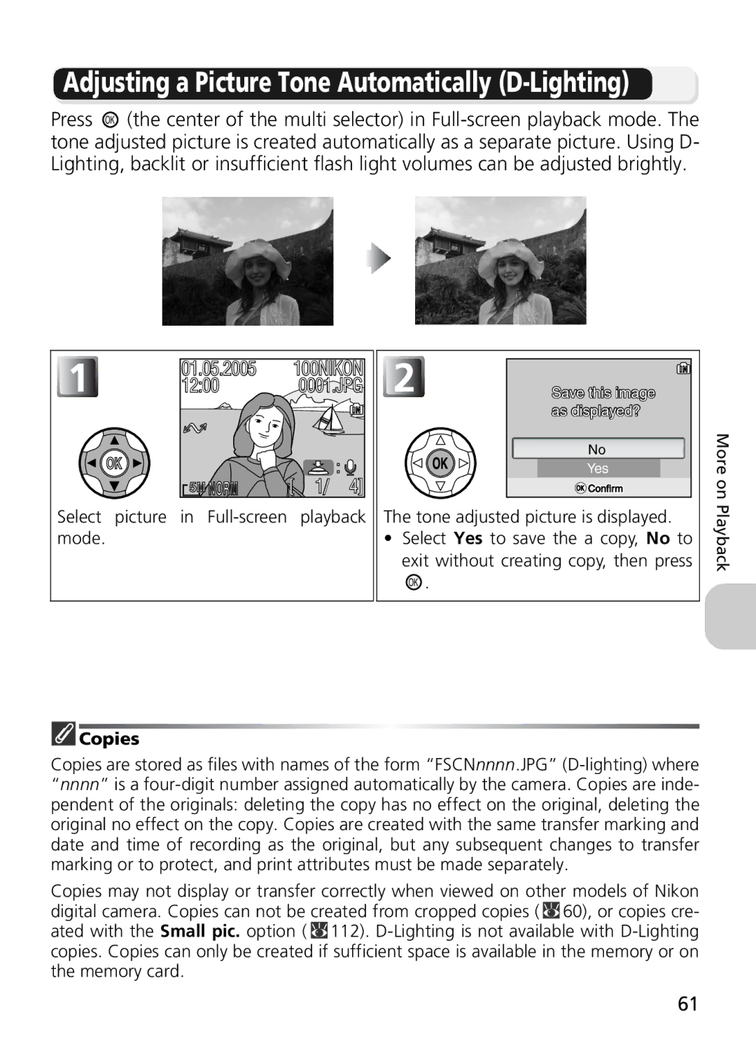 Nikon 7900, COOLPIX5900 manual Adjusting a Picture Tone Automatically D-Lighting, Copies 