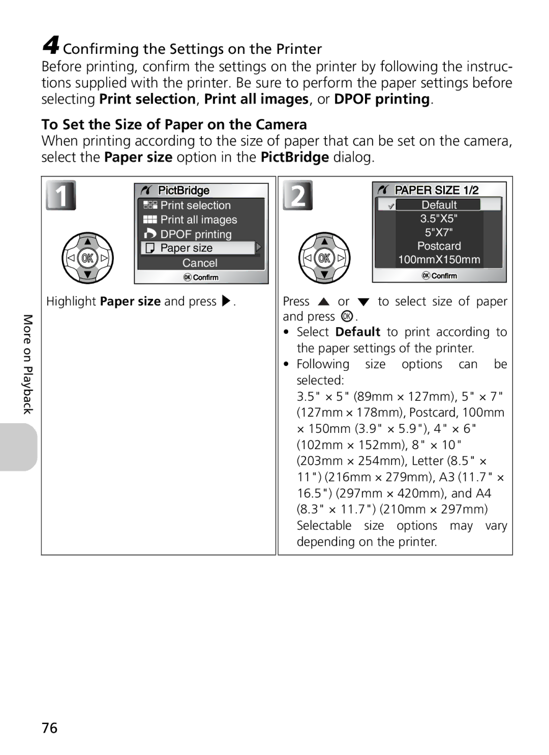 Nikon 5900, 7900 manual Confirming the Settings on the Printer, To Set the Size of Paper on the Camera, Press Select size 