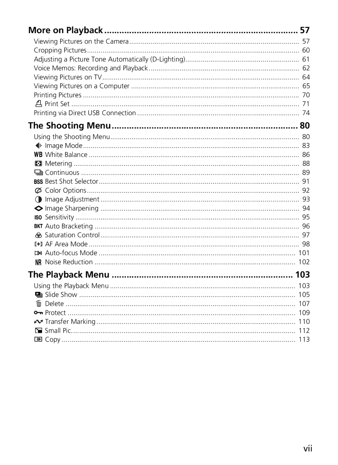 Nikon 7900, COOLPIX5900 manual More on Playback, Shooting Menu, Playback Menu, Vii, 103 