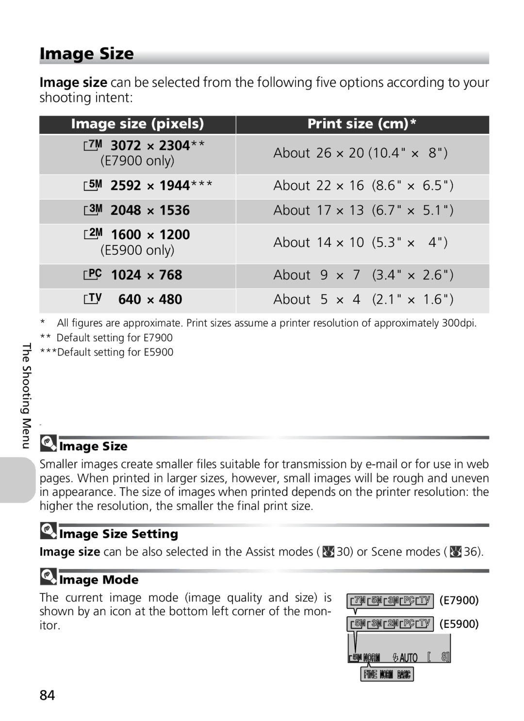 Nikon COOLPIX5900, 7900 manual Image Size 