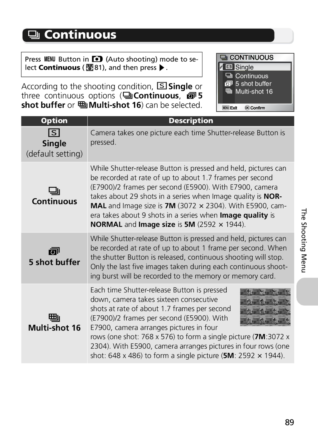 Nikon 7900, COOLPIX5900 manual Continuous, Single, Shot buffer, Normal and Image size is 5M 2592 × 