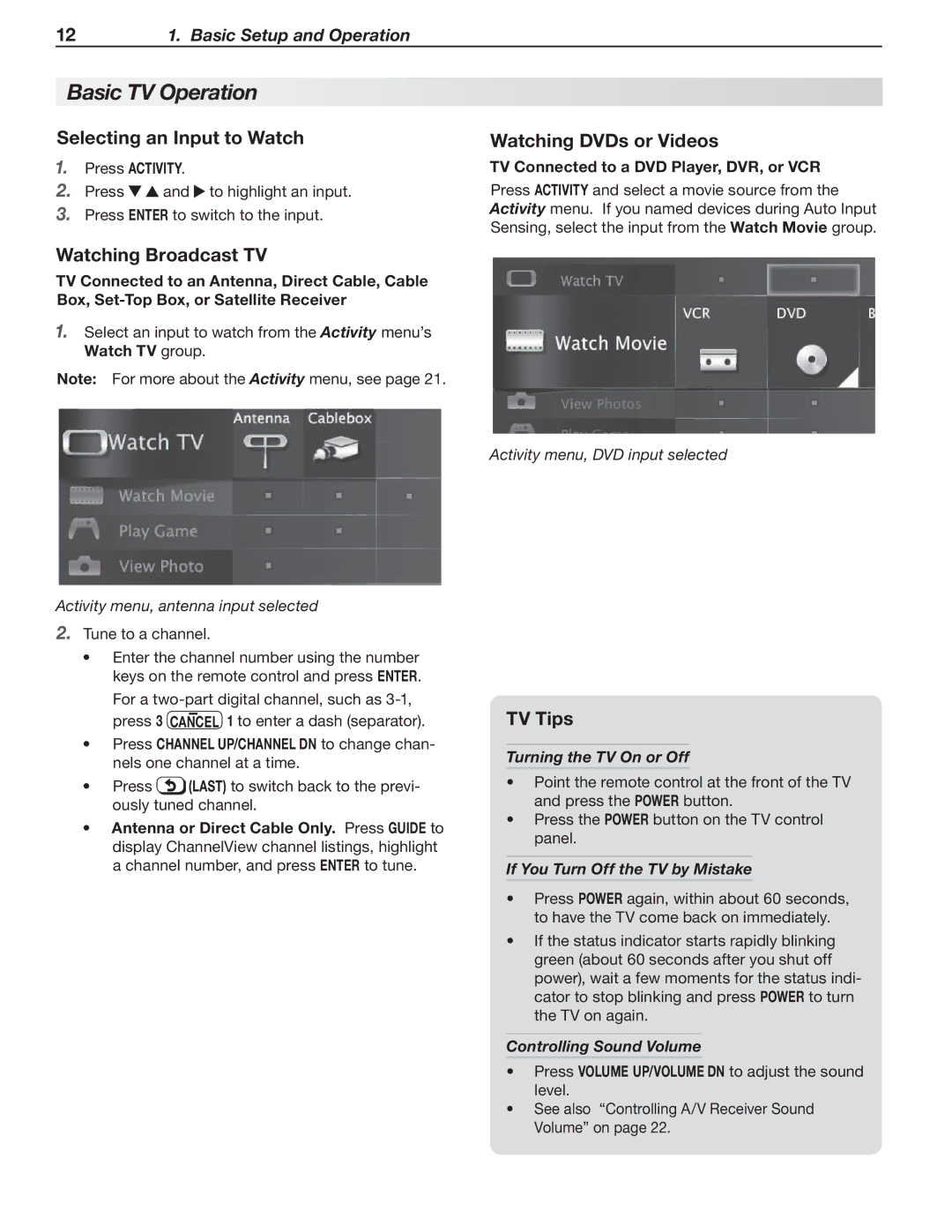 Nikon 837 Series Basic TV Operation, Selecting an Input to Watch, Watching Broadcast TV, Watching DVDs or Videos, TV Tips 