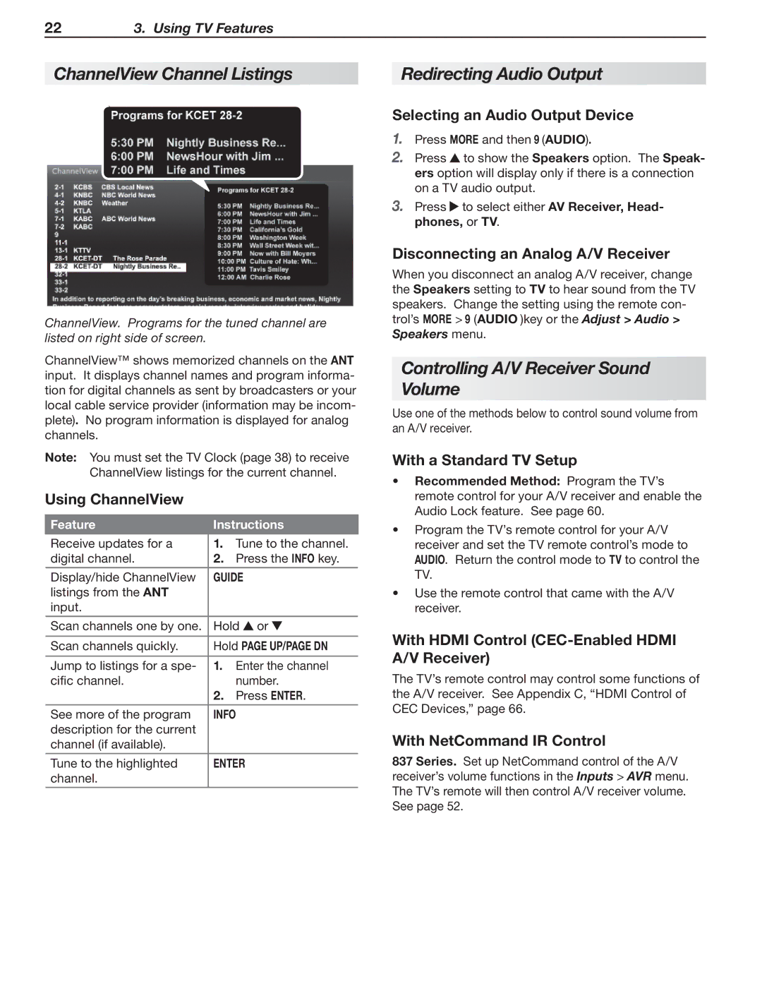 Nikon C9 SERIES, 837 Series ChannelView Channel Listings, Redirecting Audio Output, Controlling A/V Receiver Sound Volume 