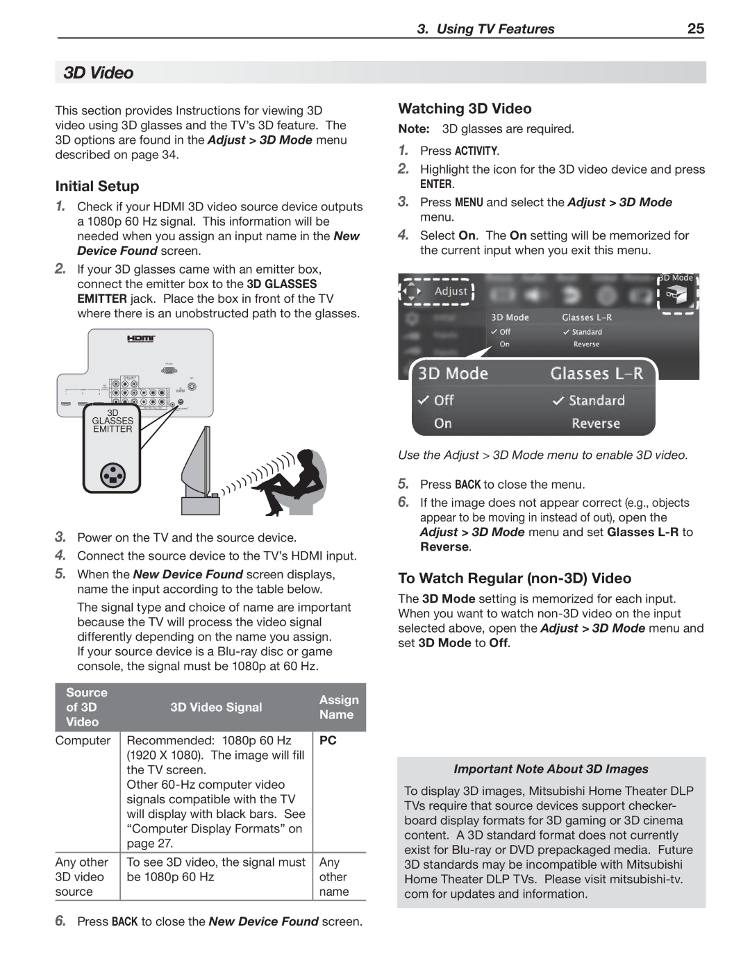 Nikon C9 SERIES manual Initial Setup, Watching 3D Video, To Watch Regular non-3D Video, Important Note About 3D Images 