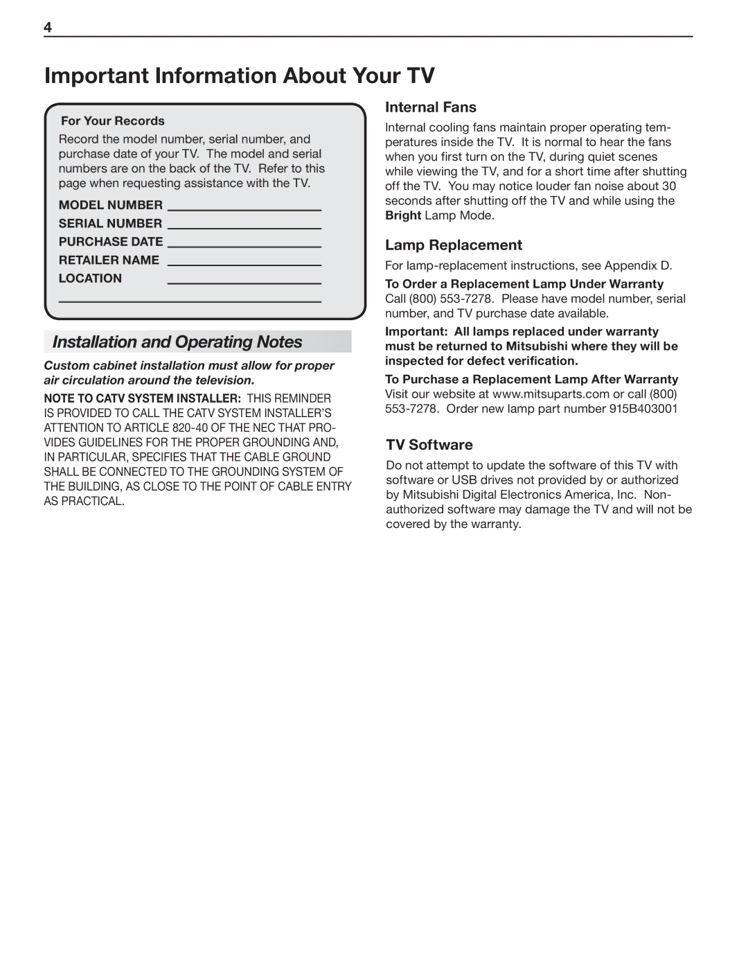 Nikon C9 SERIES manual Installation and Operating Notes, Internal Fans, Lamp Replacement, TV Software, For Your Records 