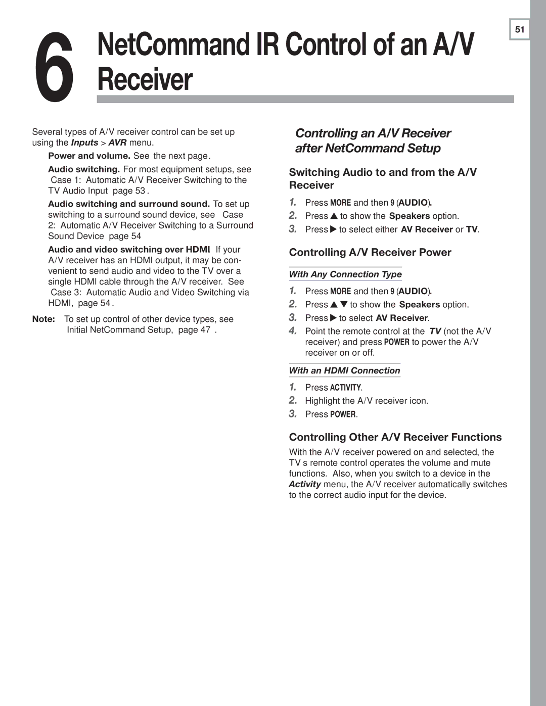 Nikon 837 Series manual Controlling an A/V Receiver After NetCommand Setup, Switching Audio to and from the A/V Receiver 